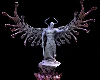 May include: A white, skeletal figure with a horned head stands on a rocky base. The figure has a muscular torso and is wearing a flowing robe. The figure's wings are made of many skeletal hands reaching out.
