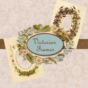 Puede incluir: Dos marcos florales vintage con aberturas ovaladas. Los marcos están decorados con nomeolvides, margaritas y otras flores. El texto "Victorian Frames" está escrito en una fuente decorativa sobre un óvalo azul.