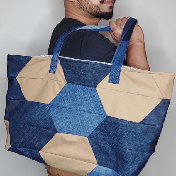 Upcycled Denim Tote Bag / Large Tote Bag / Eco-friendly Recycled Fabric Bag / Geometric Tote Bag