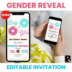 Bewerkbare uitnodiging voor genderonthulling, donutthema Gender Reveal-feestuitnodiging, roze en blauw donutthema, blauwroze donutfeestuitnodiging, EVITE