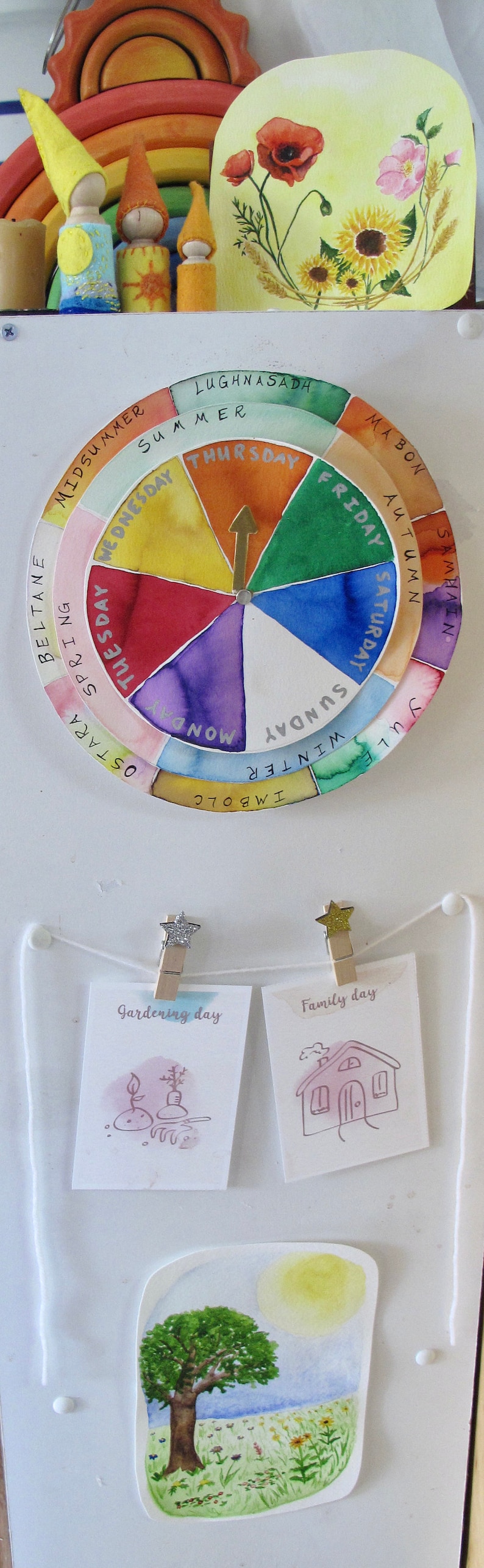 K&ouml;nnte beinhalten: Ein kreisf&ouml;rmiger Wandkalender mit einem drehbaren Zeiger, der die Wochentage in der Mitte und jahreszeitliche Feste auf dem &auml;u&szlig;eren Ring anzeigt. Darunter h&auml;ngen zwei Karten an einer Schnur mit der Aufschrift Gardening day und Family day.