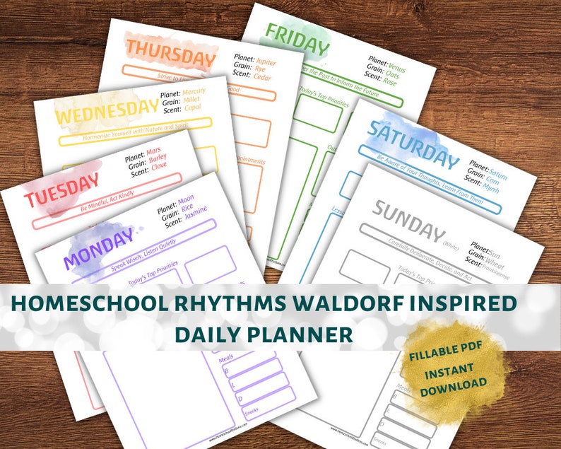 Fillable PDF Waldorf Inspired Daily Planner Pad Homeschool Steiner Days of the Week image 1