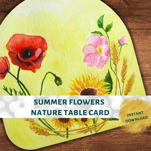 PDF Summer Nature Table Calendar Printable Harvest Lughnasadh Lammas Seasonal Steiner Waldorf-Inspired Watercolor Flowers Poppy Wild Rose