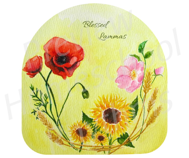 K&ouml;nnte beinhalten: Eine Aquarellillustration auf hellgelbem Hintergrund mit roten Mohnblumen, einer rosa Blume, gelben Sonnenblumen und Weizen&auml;hren. Der Text Blessed Lammas steht in schwarzer Schreibschrift nahe der Mitte oben auf dem bogenf&ouml;rmigen Bild.