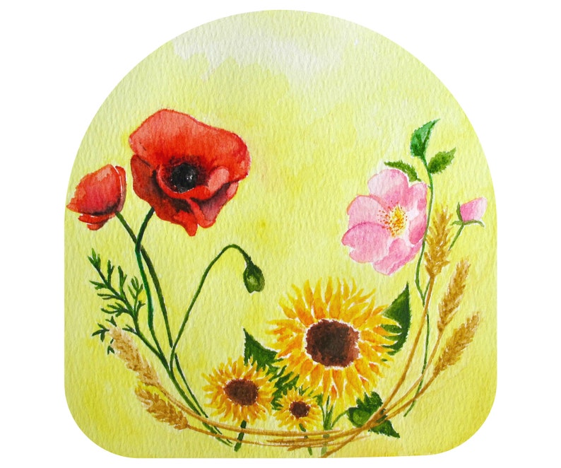 K&ouml;nnte beinhalten: Ein Aquarellgem&auml;lde auf hellgelbem Hintergrund mit einer Ansammlung leuchtend roter Mohnblumen, einer einzelnen rosa Wildrose, drei gelben Sonnenblumen mit dunkelbraunen Mitten und mehreren goldenen Weizen&auml;hren in einem Bogen.