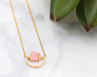 Dainty Pink Gemstone Geometric  Necklace, Minimalist Jewelry