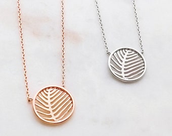 Dainty Circle Leaf Necklace, Gold, Rose Gold, Minimalist Jewelry