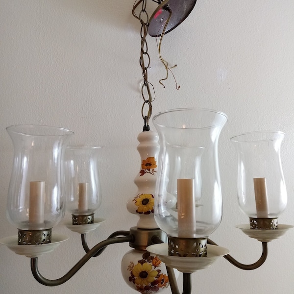 Vintage hanging ceramic handpainted floral chandelier light mid century decor 5 bulb glass globe candle style 1960s lighting