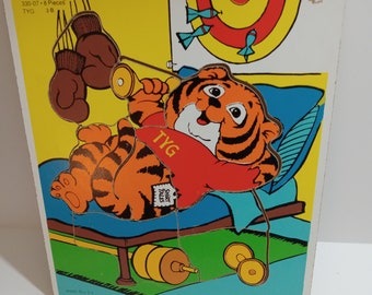Rompecabezas de madera vintage de tigre de Playskool de los años 80: juguete sensorial para niños