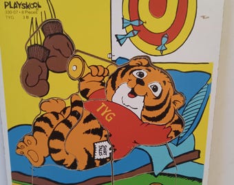 Rompecabezas vintage de tigre de Playskool – Rompecabezas de madera Hallmark de 1981 – Juguete educativo para niños – Decoración retro para la habitación infantil – Rompecabezas de animales
