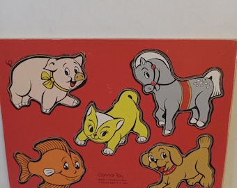 Rompecabezas de animales de madera vintage – Connor Toy Co., década de 1960 – Rompecabezas educativo para niños – Juguete de animales de granja – Decoración retro para la habitación del bebé – Regalo para niños pequeños