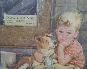Rompecabezas estilo Norman Rockwell vintage – Escena de niño y perro – Rompecabezas de madera – Arte retro americano – Rompecabezas de colección