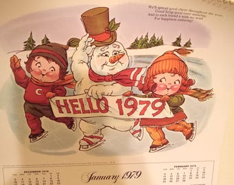 Calendario de pared vintage de 1979 – Niños de Campbell Soup – Escena del muñeco de nieve de Hello 1979 – Decoración de cocina retro – Arte de pared americano