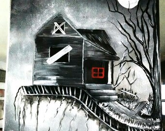 Haunted house, Original painting, Halloween painting, Halloween fun art, Acrylic painting, Monochrome art, Floating House, Trick or Treat