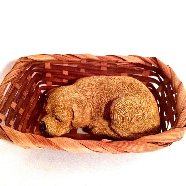 Golden Retriever Puppy, Little Figurine Dog, Sleeping Puppy, Basket Bed, Dog Bed, Cute Yellow Puppy, Realistic Dog, Napping, Hand Woven