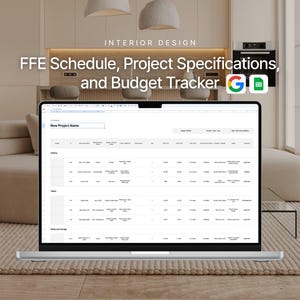 Puede incluir: Una pantalla de portátil que muestra una hoja de cálculo de diseño de interiores con cronograma FFE, especificaciones de proyecto y seguimiento de presupuesto. La interfaz incluye columnas de detalles y los iconos de Google Sheets y Drive.