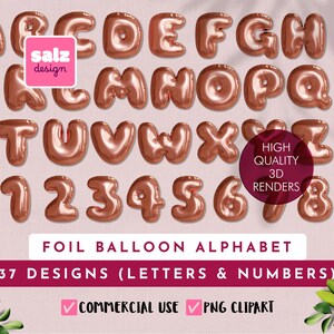 May include: A collection of rose gold foil balloon letters, numbers, and a heart shape. The image includes the alphabet from A to Z, numbers 0 to 9, and a heart. The text on the image says "FOIL BALLOON ALPHABET" and "37 DESIGNS (LETTERS & NUMBERS)".