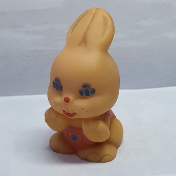 Vintage Soviet Rubber Toy, USSR Collectible Figurine, Bunny in Overalls