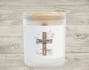 I will Rise Cross and Birds Frosted Glass Candle | Inspirational Scripture Candle, 11oz