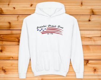 Kids Grateful Proud Free Hoodie, Patriotic Youth Sweatshirt, American Flag Kids Apparel, 4th of July Toddler Outfit, Minimalist USA Pride
