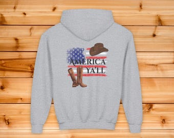 Western Youth Hoodie American Flag Cowboy Boots Sweatshirt, Patriotic Y'all Country Kids Pullover, Cowgirl Boots Hat Graphic, Toddler Gift