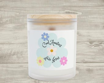 Cool Aunties Love Jesus Candle Frosted Glass 11oz | Floral Christian Decor