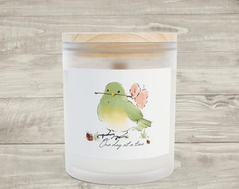 One Day at a Time Watercolor Green Bird with Flower Frosted Glass Candle | 11oz