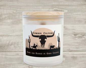 Gods Country Cowboy Culture silhouette, Frosted Glass Candle