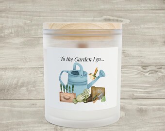 To the Garden I Go watering can illustration Candle | Frosted glass, wood lid
