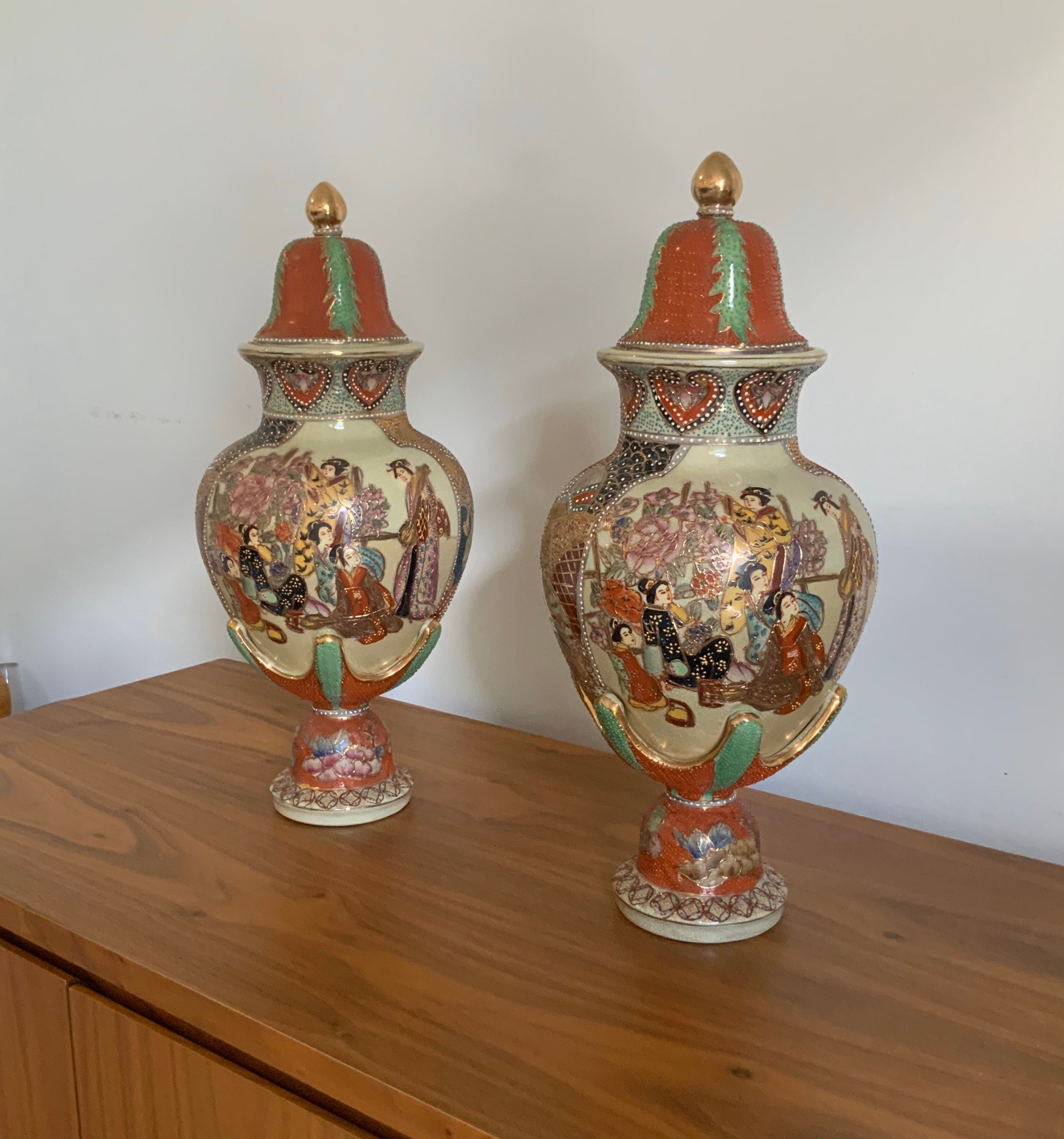 Pair of Vintage Royal Satsuma Tall Lidded Vases Etsy