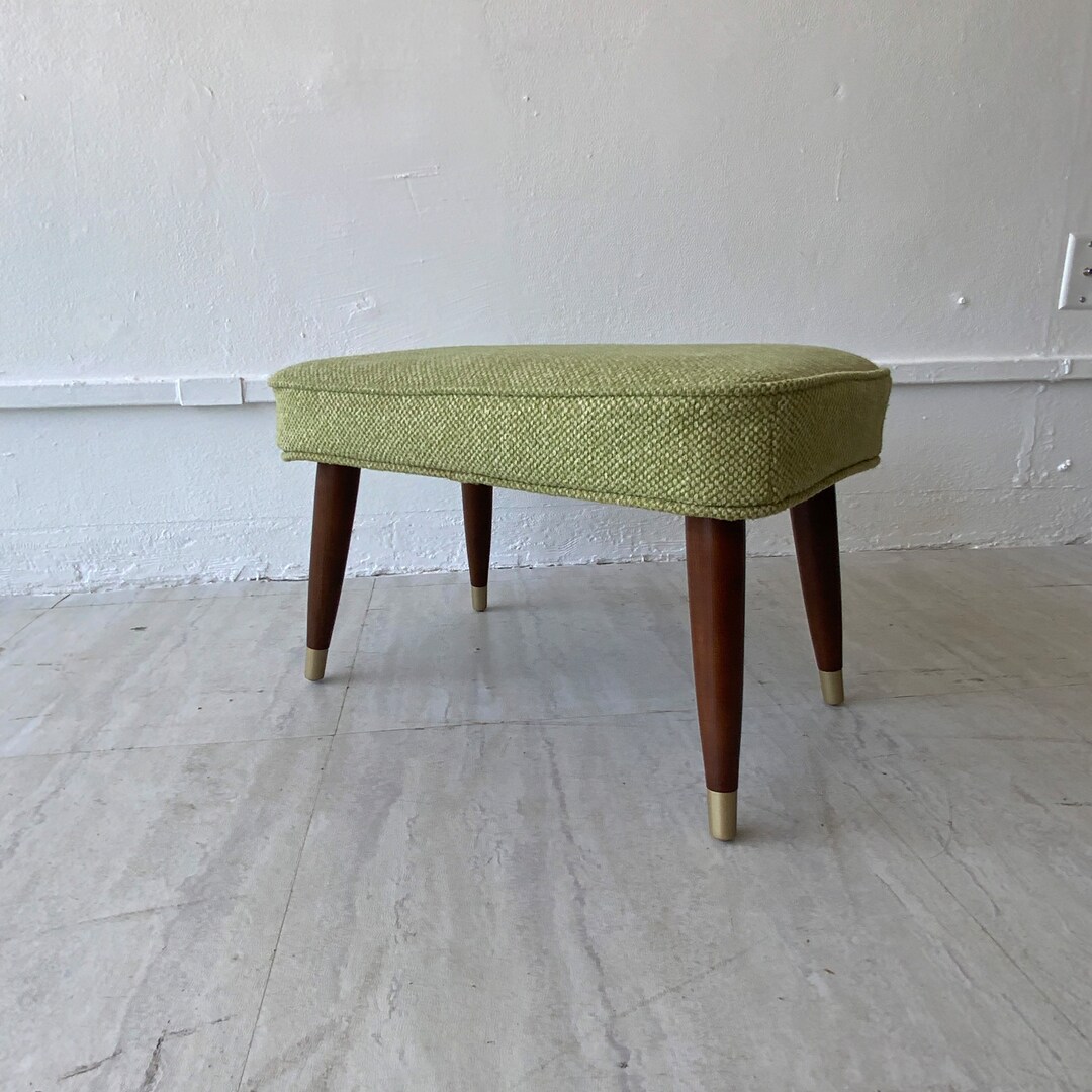 Mid Century Modern Footstool in Green Upholstery /tapered Legs Etsy
