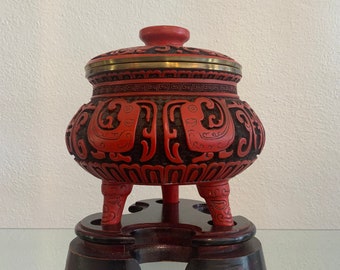Chinese Red Cinnabar style Three-legged Lidded Censer/Incense Holder Jar