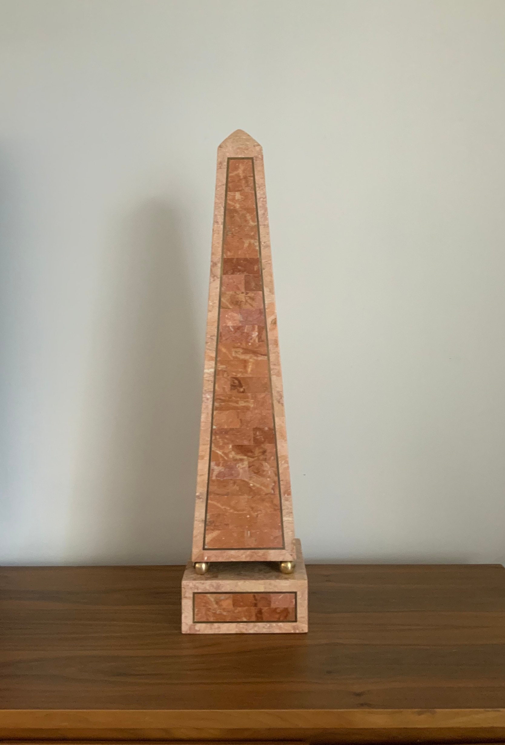 Maitland-Smith Large Tessellate Stone & Brass Inlaid Obelisk