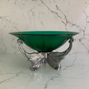 Arthur Court Centerpiece Green Glass Bowl on a Elephants Head Stand