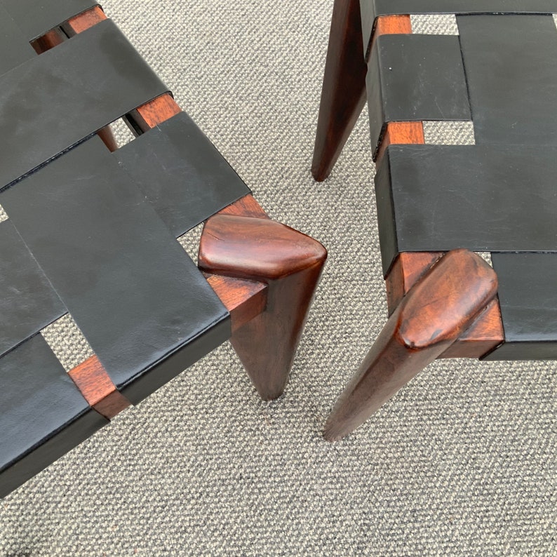 Pair of Wood & Leather Straps Ottoman/Stool Etsy