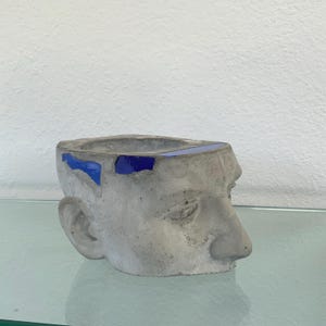 May include: A gray concrete head-shaped planter with a hollowed-out top. The planter has blue mosaic tile accents on the rim. The sculpture features a detailed face with a prominent nose, ear, and eye. The planter is displayed on a glass surface.