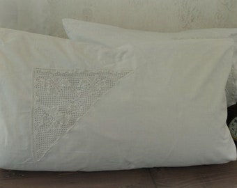 2 beautiful old large white parade pillowcases with lace