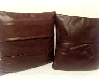 2 leather cushion covers brown with pistol print made of leather jacket crime pillow