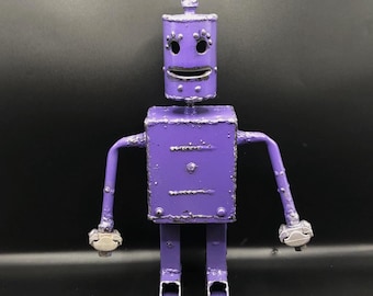 Robot Zombie 140, Welded Metal Sculpture, Purple Painted with Moving Parts