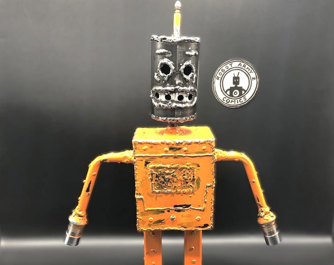 Robot Army Z 031, An Orange Welded Metal Robot Zombie Sculpture With Rotating Features And Industrial Styling