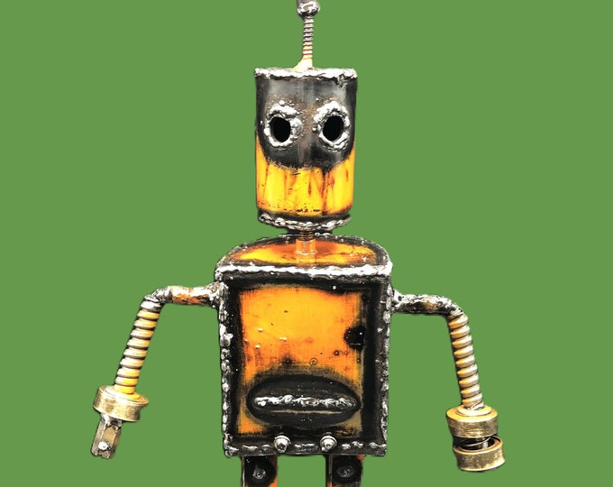 Robot Army Z 131, Orange Metal Robot Zombie Sculpture That is Welded and Burned and Head and