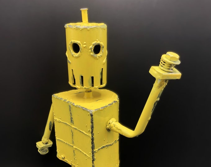 Robot Zombie 123, A Welded Metal Sculpture, Painted Yellow, He is a General Worker and Kinetic