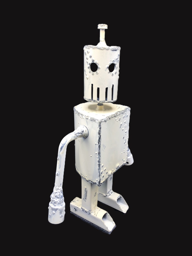 Robot Army Z 130, A White Metal Robot Zombie Sculpture, With Rotating Features, and Glow in the