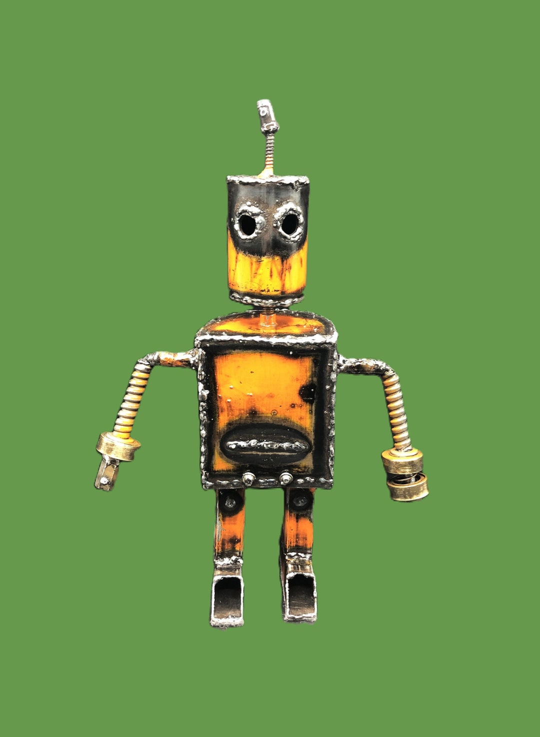 Robot Army Z 131, Orange Metal Robot Zombie Sculpture That is Welded and Burned and Head and