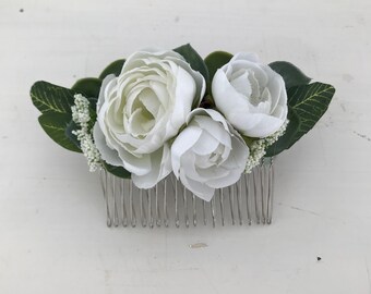 White and green silk flower hair comb, bridal hair comb