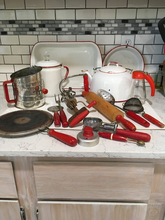 Vintage Enamel White Red Trim Pots Pans Set 3 Farmhouse Style