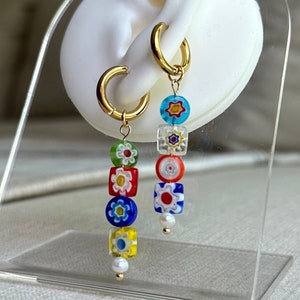 Murano Glass Dangle Hoop Earrings - Colorful Beads Summer Earrings - Millefiori Drop Mini Hoop Handmade Earrings - Gold Plated Natural Pearl