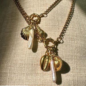 Customizable Gold Plated Charms Necklace - Freshwater Pearl & Shells Belcher Chain - Spring Ring Necklace - Gold Seashell Pendant Necklace