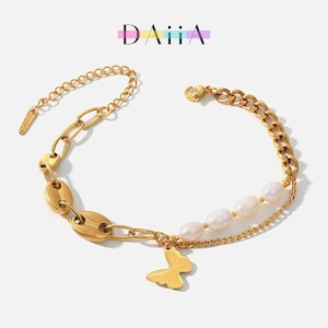 Mariah Butterfly & Natural Pearl Bracelet | Butterfly Charm Bracelet and Anklet | Freshwater Pearls Bracelet 18k Gold Plated Stainless Steel