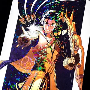 May include: A digital illustration of a person with black hair and green eyes wearing a gold and black outfit. The person is holding a bow and arrow and is surrounded by a holographic background.